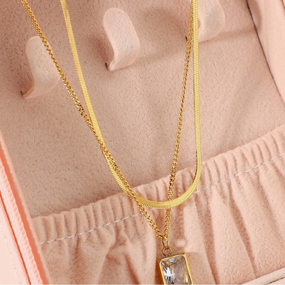 18K Gold Plated Double Layered Necklace,Snake Chain Mini Square Crystal … - Picture 8 of 10